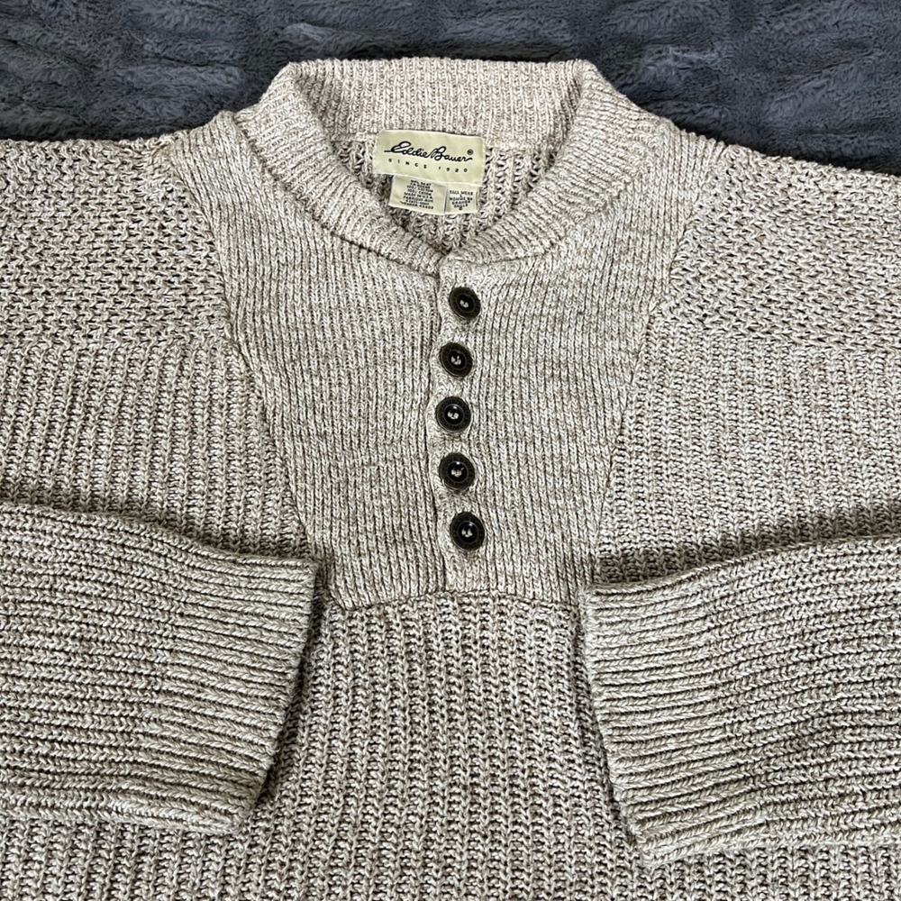 Eddie Bauer Mens Large Tall Cotton Henley Sweater Beige Oatmeal Marl Made in USA - Picture 1 of 7